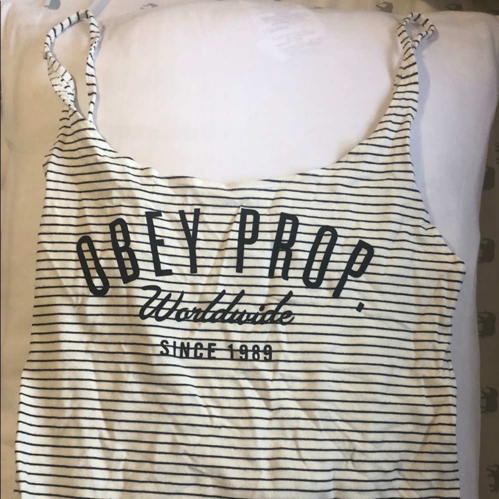 OBEY.     Black and white stripped Bodysuit tank